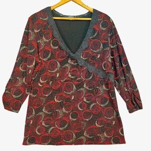 West End Abstract Circle Print Lace Trim V-Neck Blouse‎ Made in Mexico L